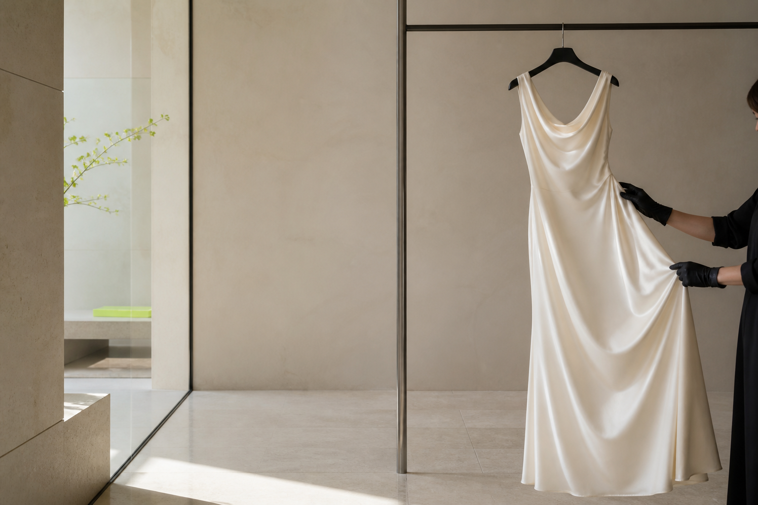 An ivory silk dress being inspected in a modern garment care atelier